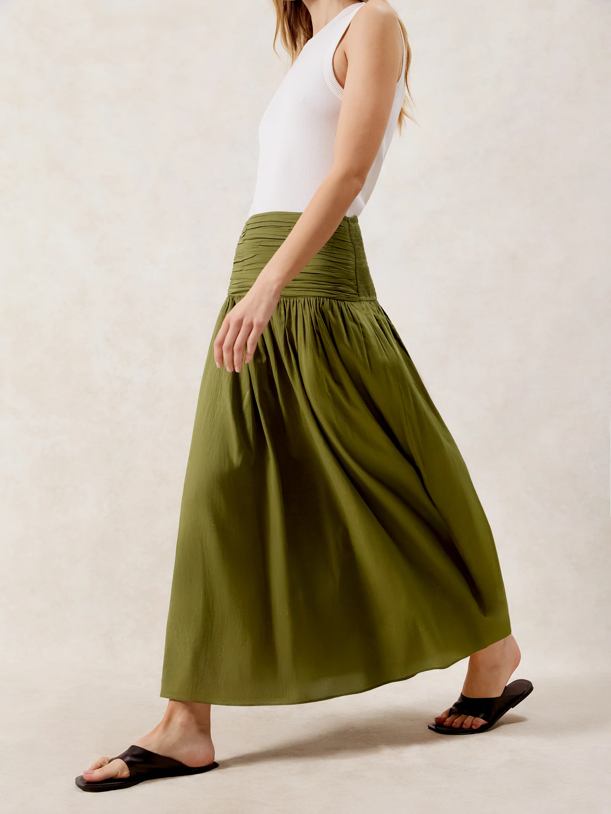 Petite Khaki Ruched-Waist Cotton Maxi Skirt