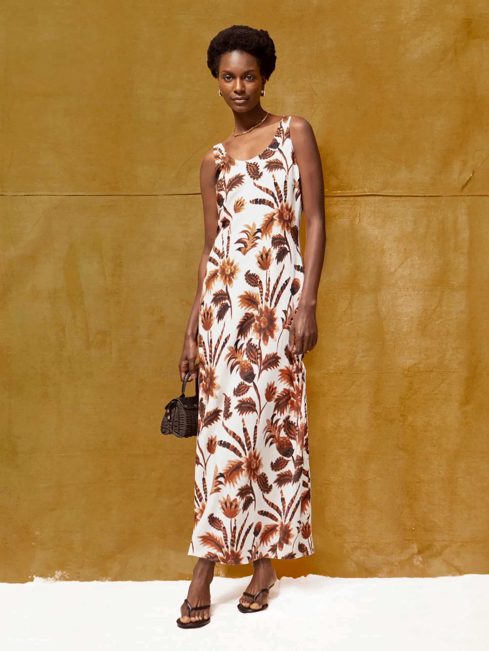 Brown Tropical Floral Linen Blend Dress