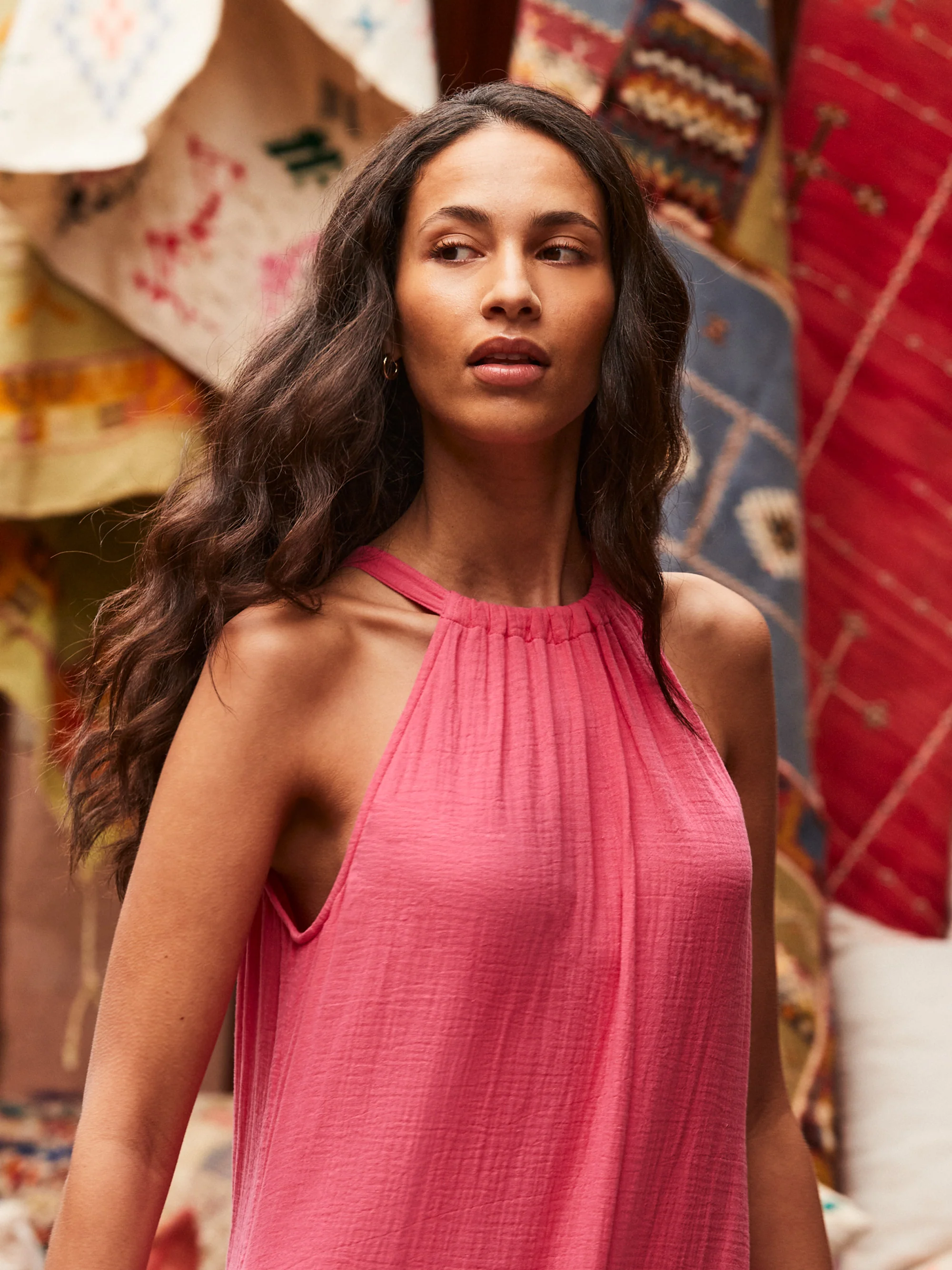 Pink Broderie Hem Cheesecloth Maxi Dress