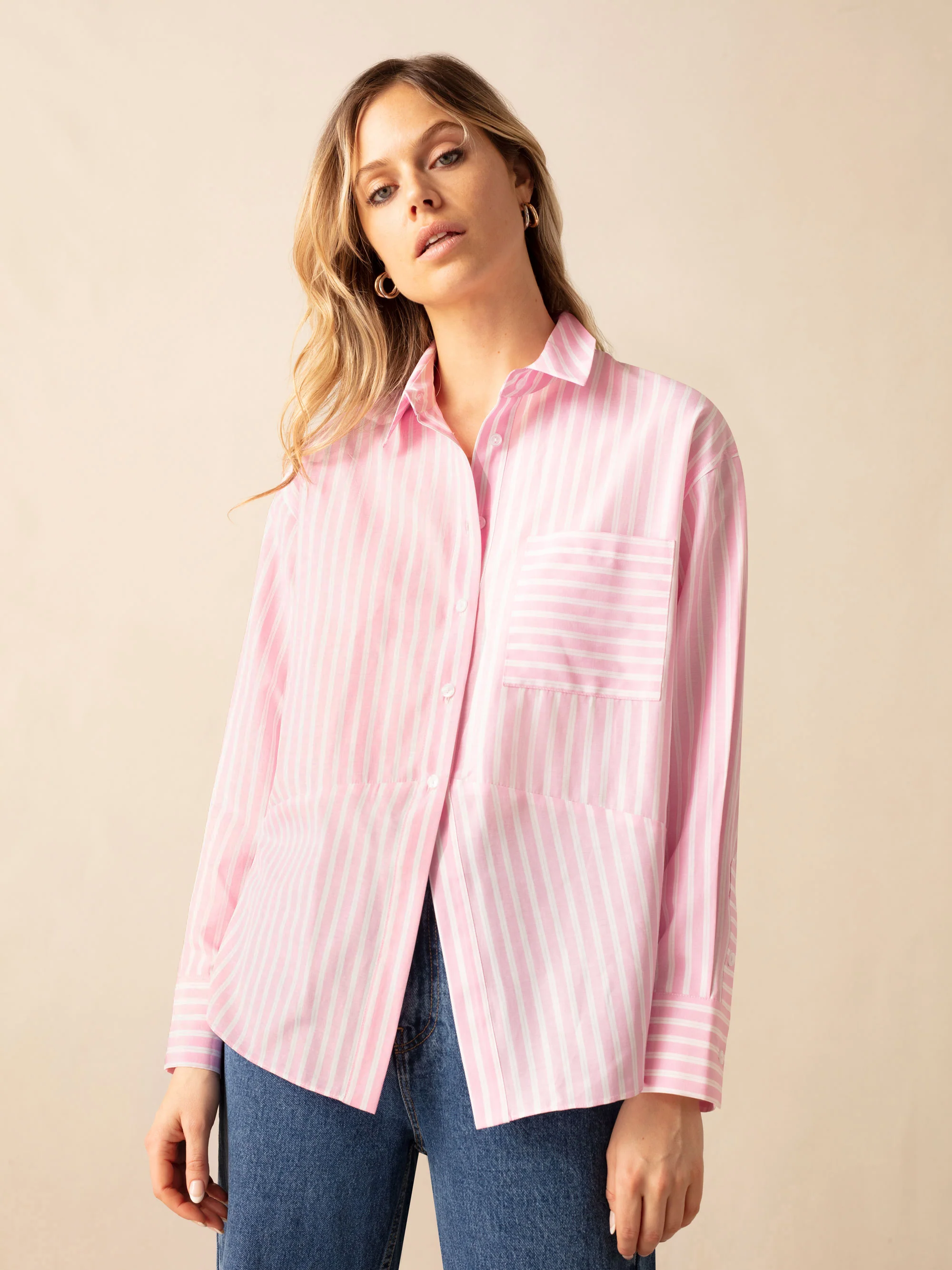 Pink Stripe Cotton Split Front Shirt