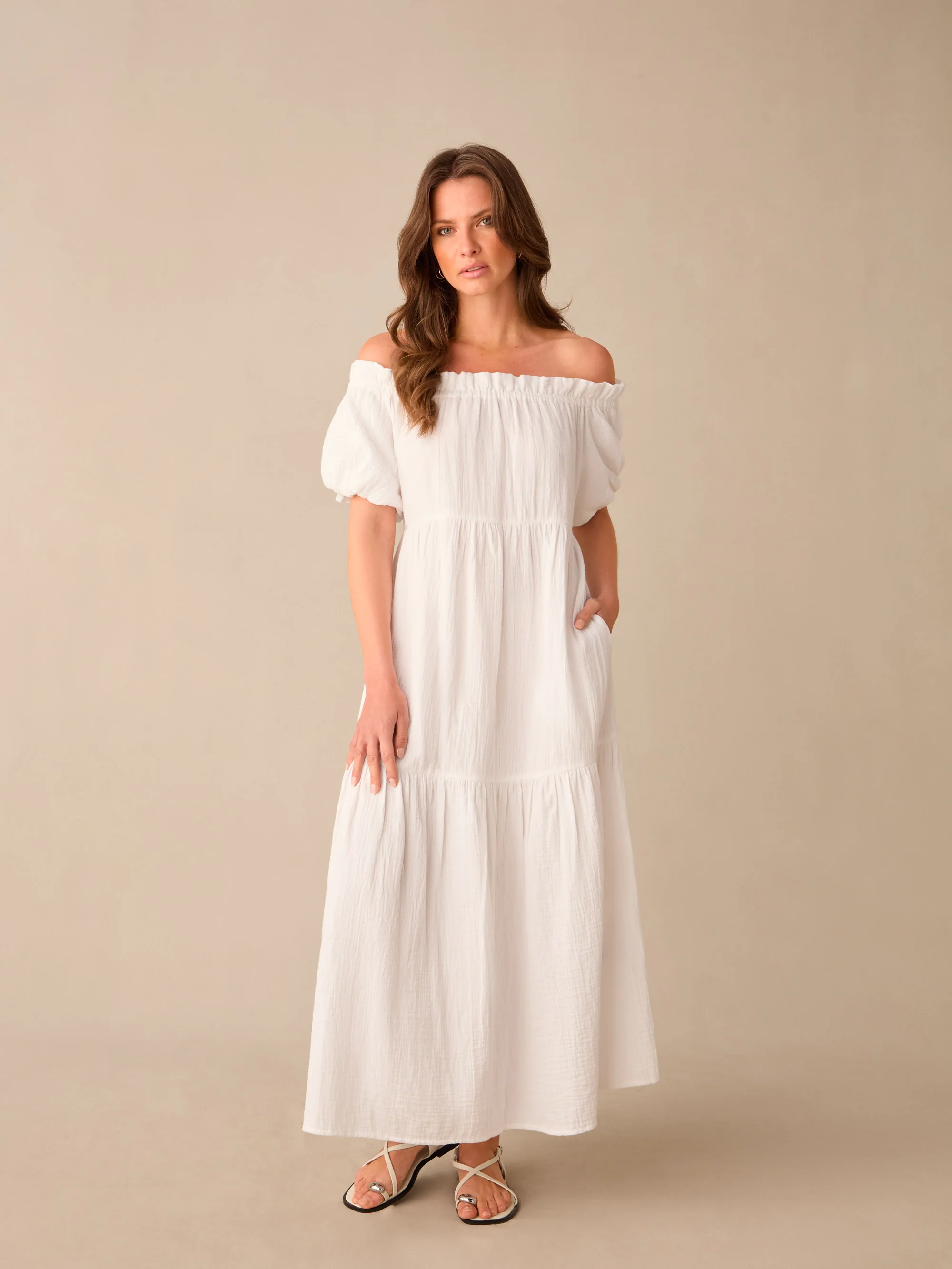 Petite White Off Shoulder Cheesecloth Dress