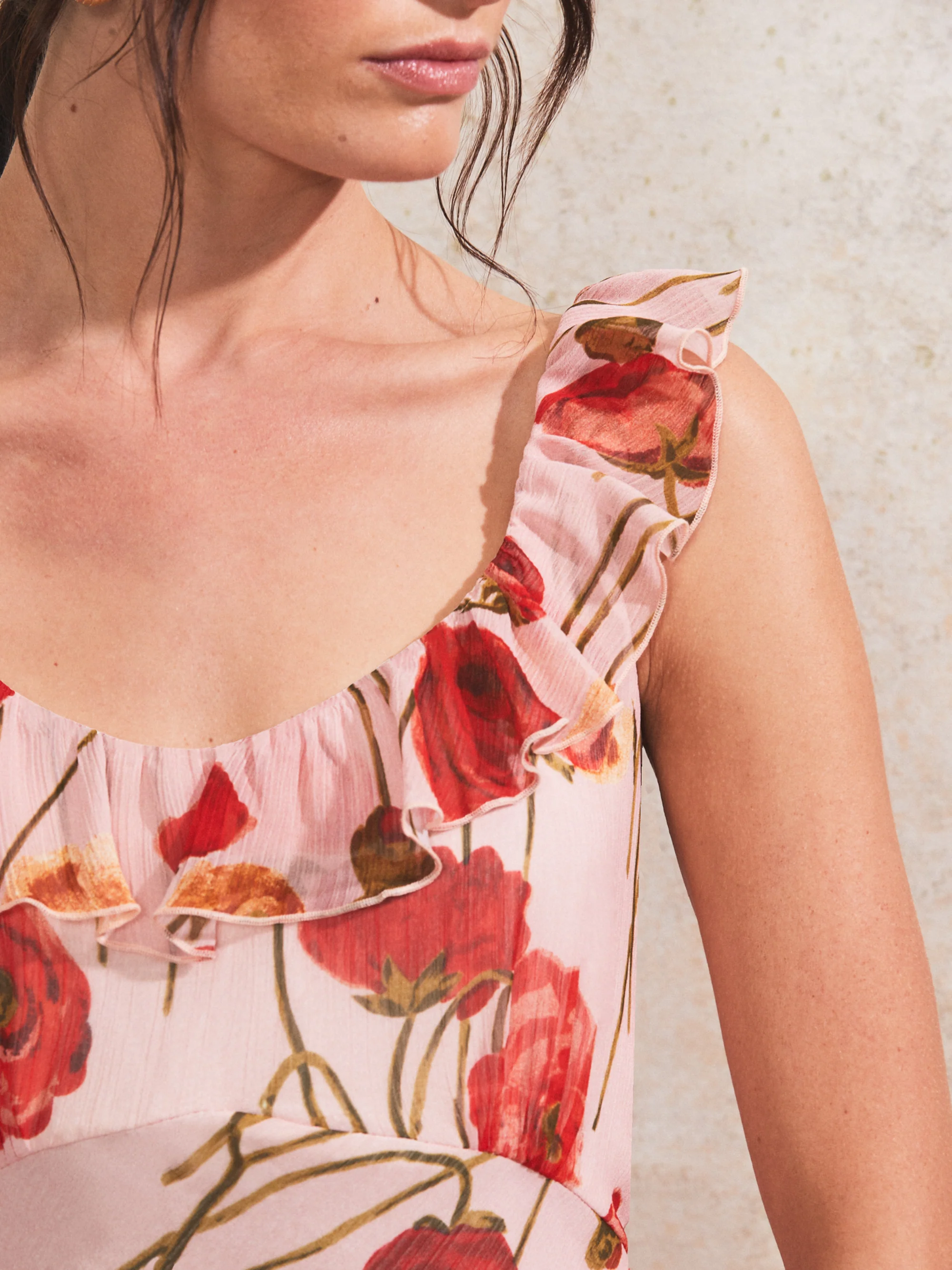 Petite Rosie Pink Poppy-Print Ruffle-Detail Dress