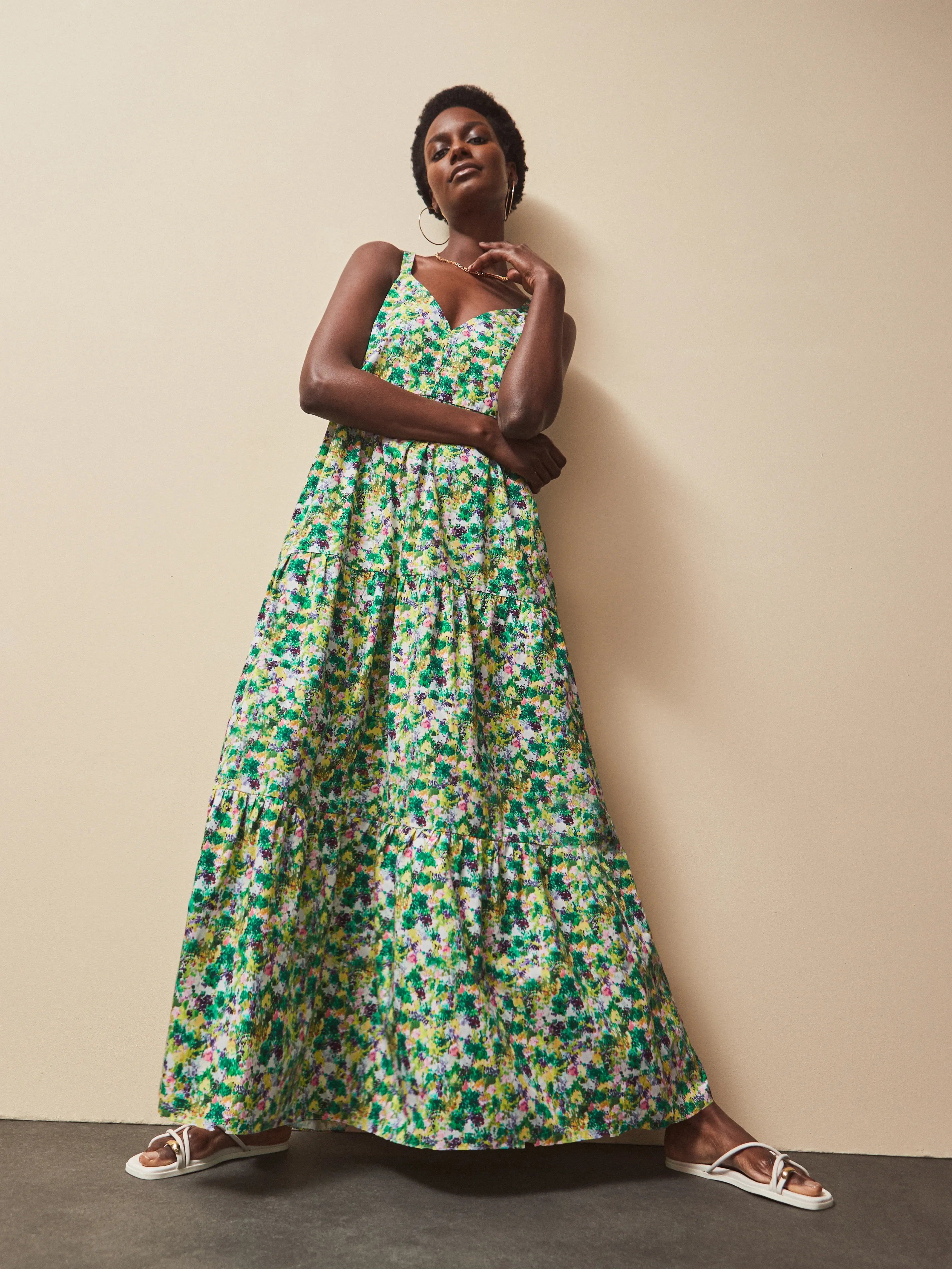 Green Ditsy Cotton Tiered Dress