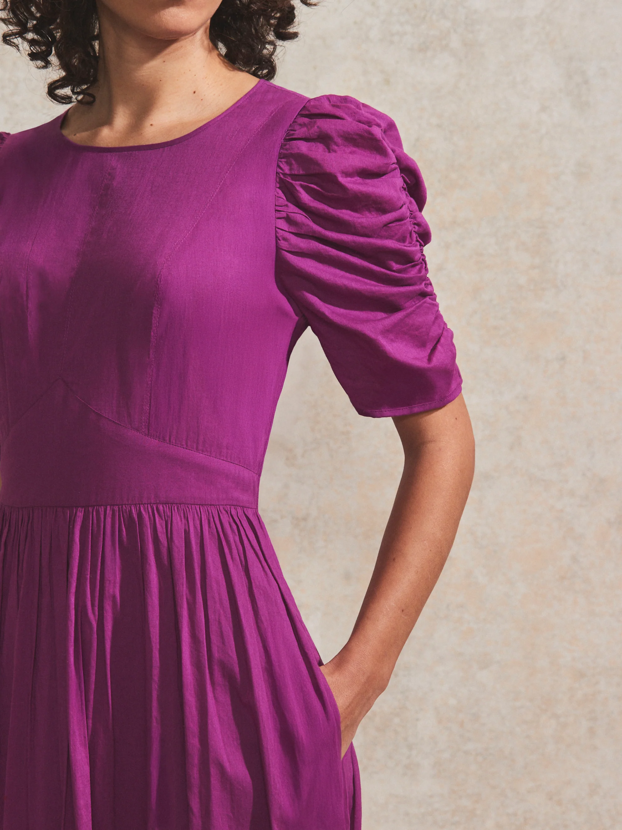 Magenta Gathered-Sleeve Cotton Voile Midi Dress