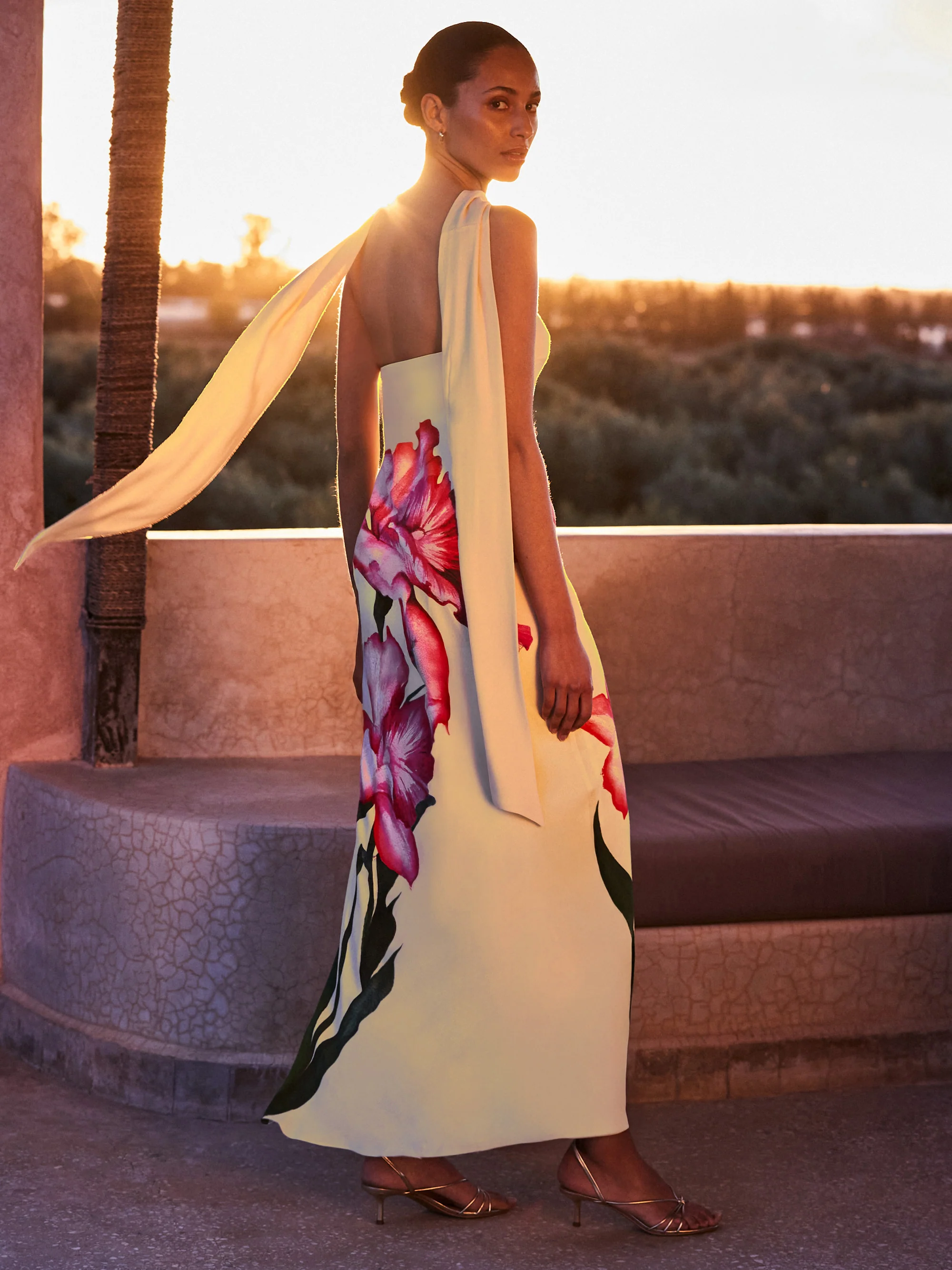 Petite Aurora Yellow Floral Scarf Detail Bandeau Dress